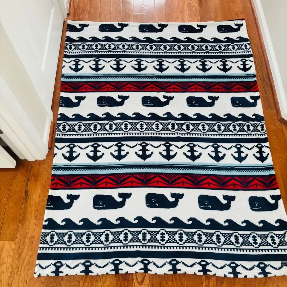 Vineyard Vines Plush Throw Blanket Whales Nautical Decor Waves Beachy 48 x 60